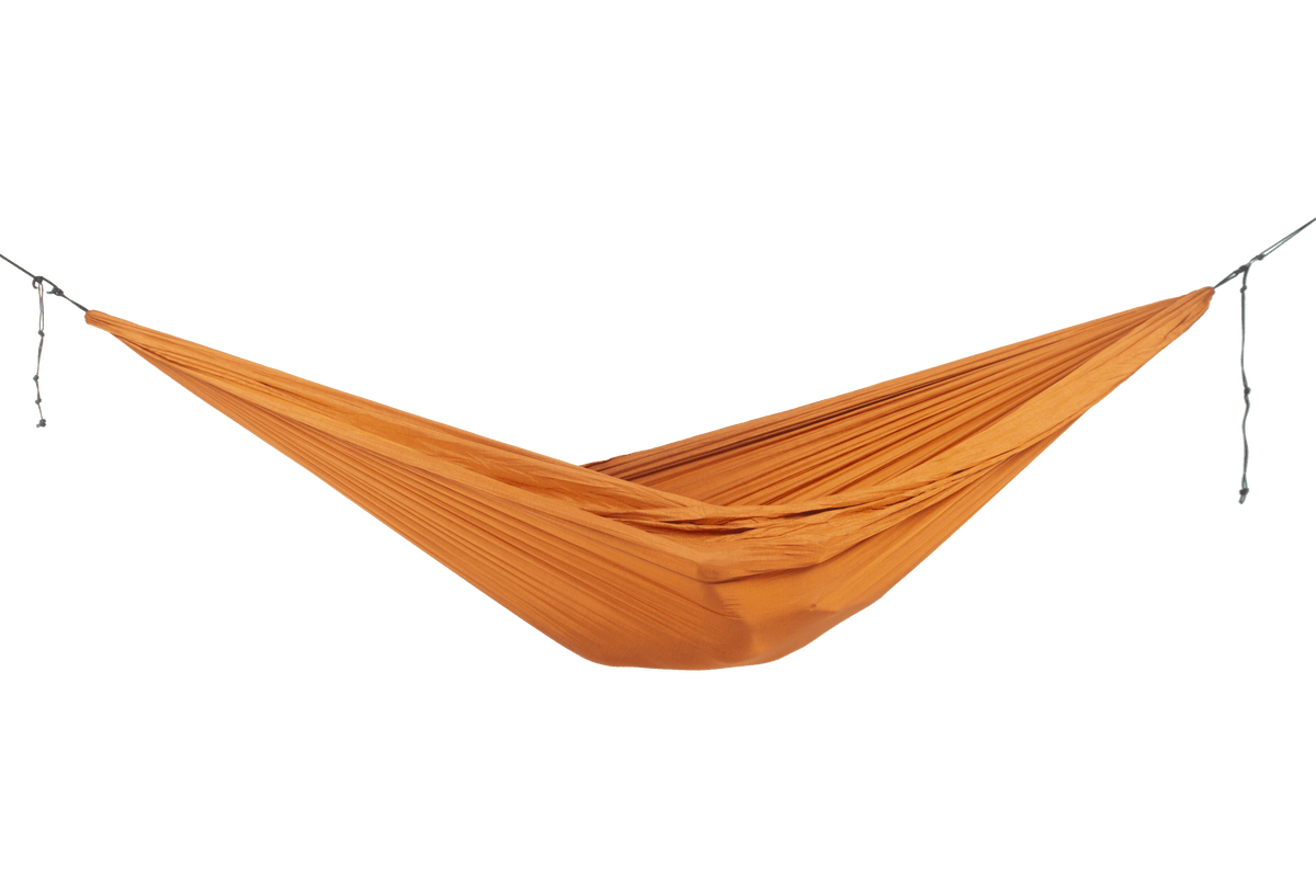 Home Hammock 420 in Terracotta Orange, hung empty, side view