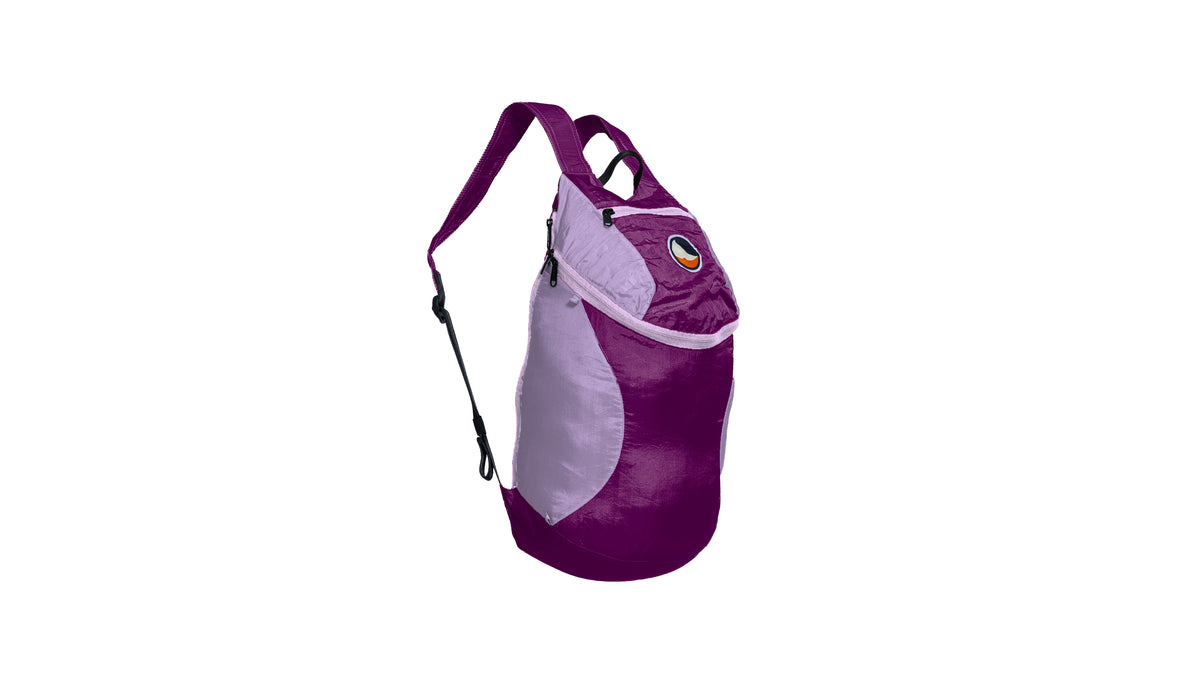 Backpack XS in Plum and Lavender with a light purple zip, side view with shoulder strap