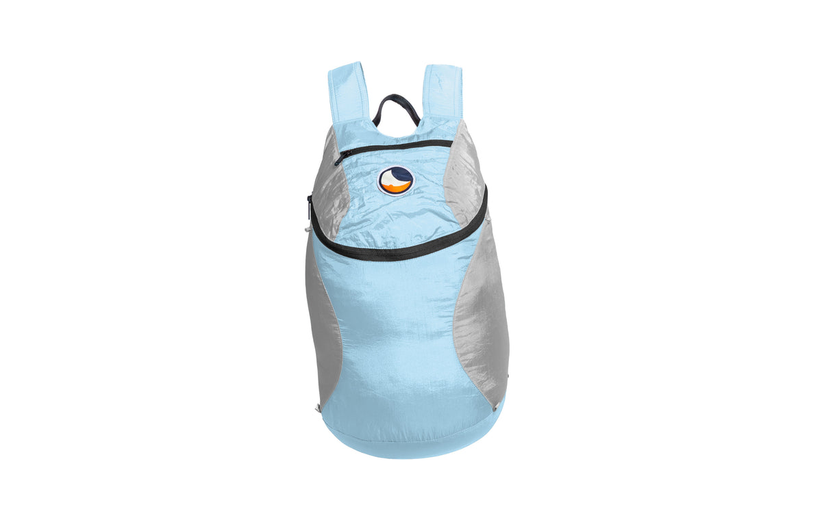 Mini Backpack 15L in Sky Blue and Light Grey with a black zip, front view