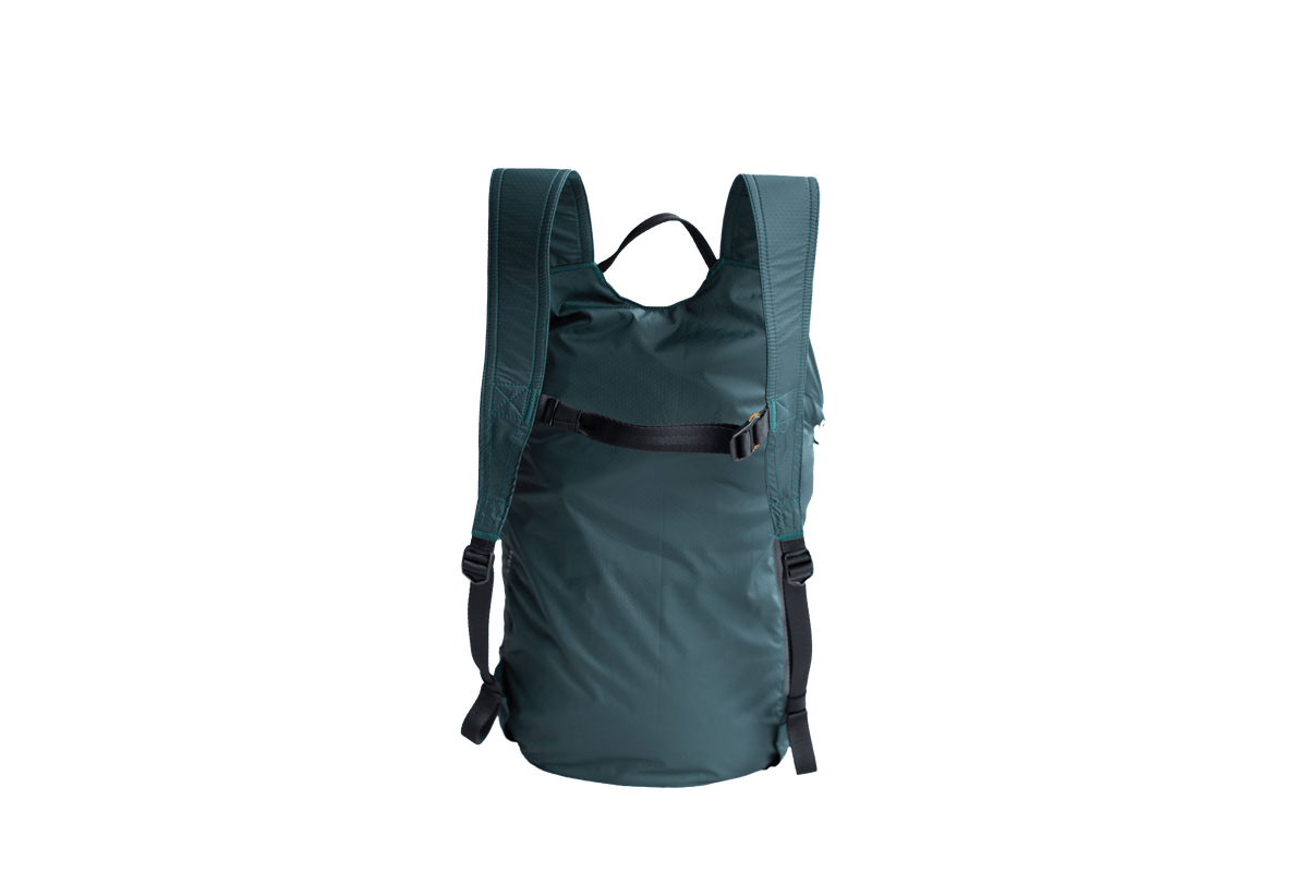 Back view of the green Backpack Plus 25L Water Resistant with shoulder straps, top handle and chest strap