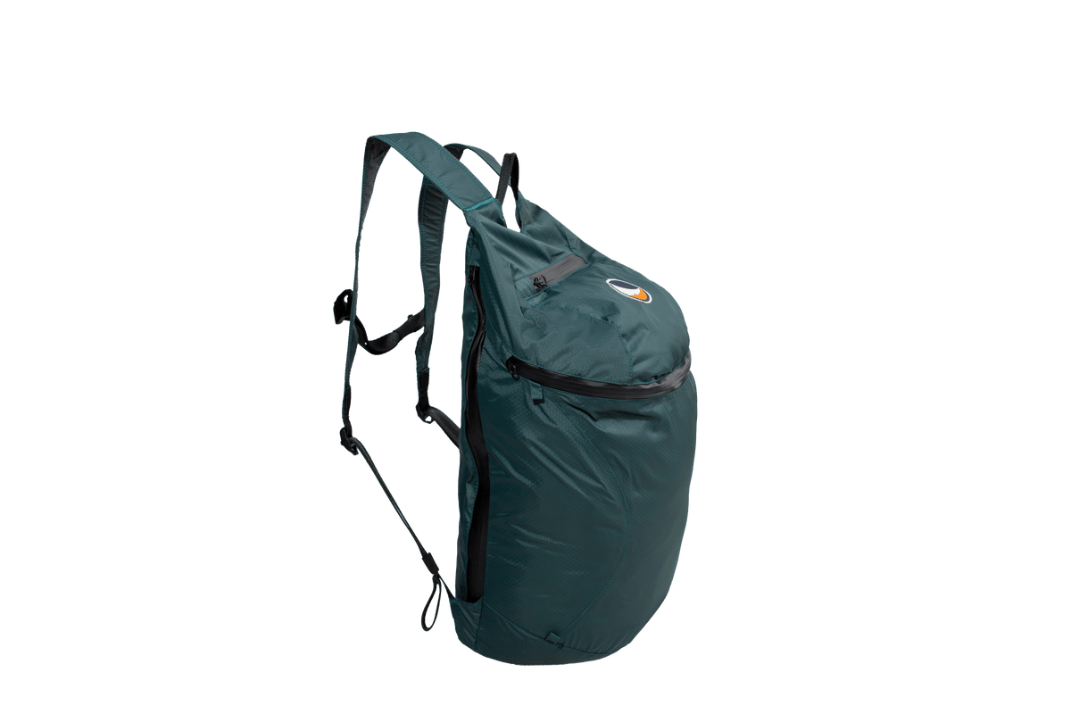 Side view of a green water-resistant backpack showing the shoulder straps and side zip